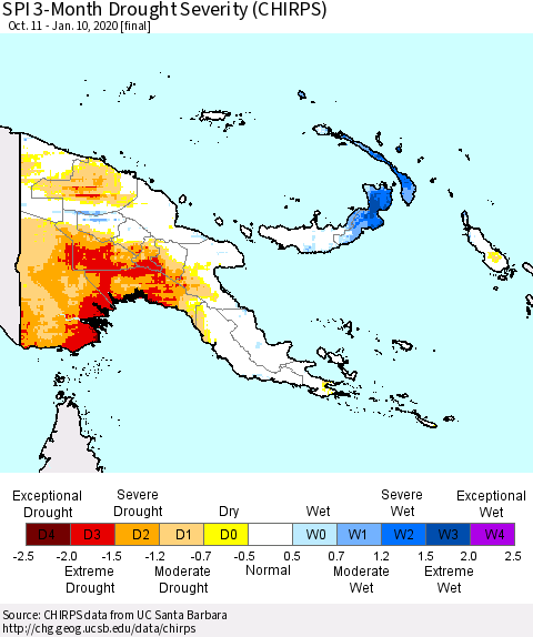 Papua New Guinea SPI 3-Month Drought Severity (CHIRPS) Thematic Map For 10/11/2019 - 1/10/2020