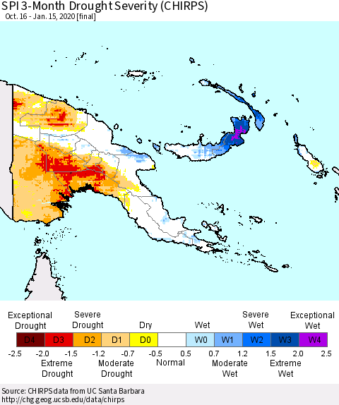 Papua New Guinea SPI 3-Month Drought Severity (CHIRPS) Thematic Map For 10/16/2019 - 1/15/2020