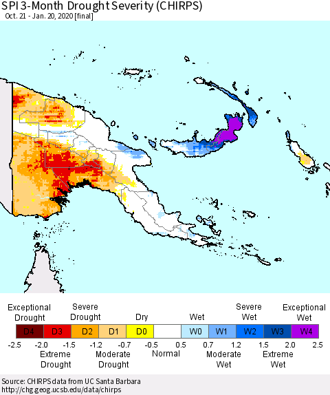 Papua New Guinea SPI 3-Month Drought Severity (CHIRPS) Thematic Map For 10/21/2019 - 1/20/2020