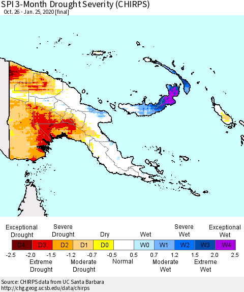 Papua New Guinea SPI 3-Month Drought Severity (CHIRPS) Thematic Map For 10/26/2019 - 1/25/2020