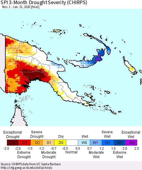 Papua New Guinea SPI 3-Month Drought Severity (CHIRPS) Thematic Map For 11/1/2019 - 1/31/2020