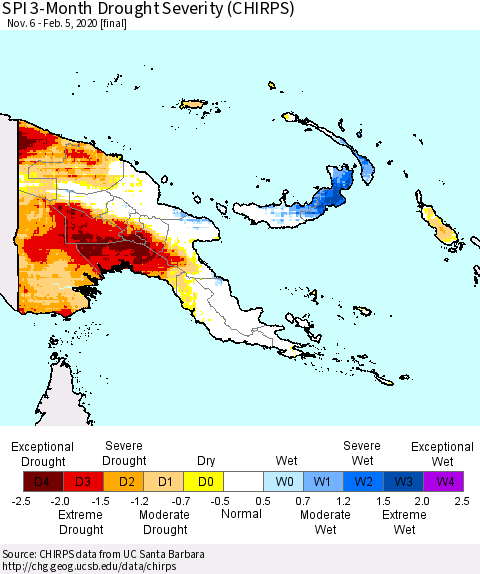 Papua New Guinea SPI 3-Month Drought Severity (CHIRPS) Thematic Map For 11/6/2019 - 2/5/2020