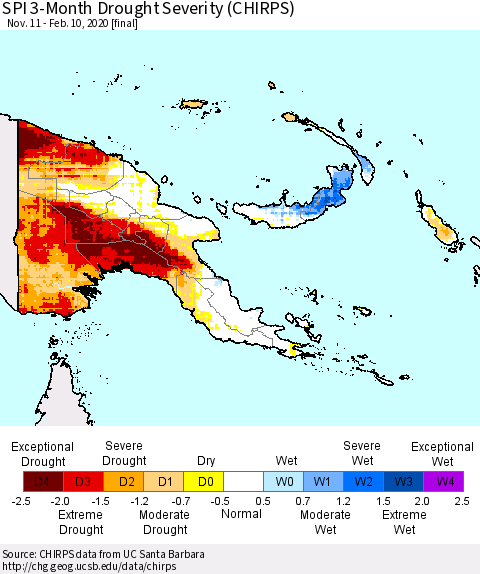Papua New Guinea SPI 3-Month Drought Severity (CHIRPS) Thematic Map For 11/11/2019 - 2/10/2020