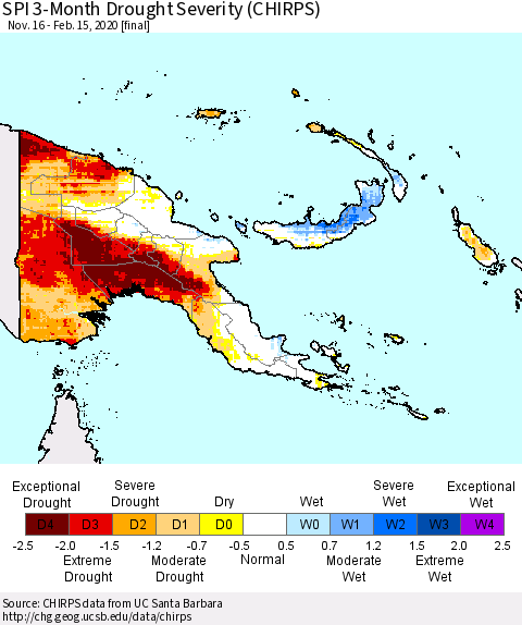Papua New Guinea SPI 3-Month Drought Severity (CHIRPS) Thematic Map For 11/16/2019 - 2/15/2020