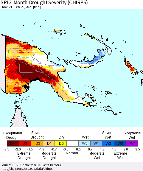 Papua New Guinea SPI 3-Month Drought Severity (CHIRPS) Thematic Map For 11/21/2019 - 2/20/2020