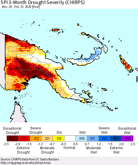 Papua New Guinea SPI 3-Month Drought Severity (CHIRPS) Thematic Map For 11/26/2019 - 2/25/2020