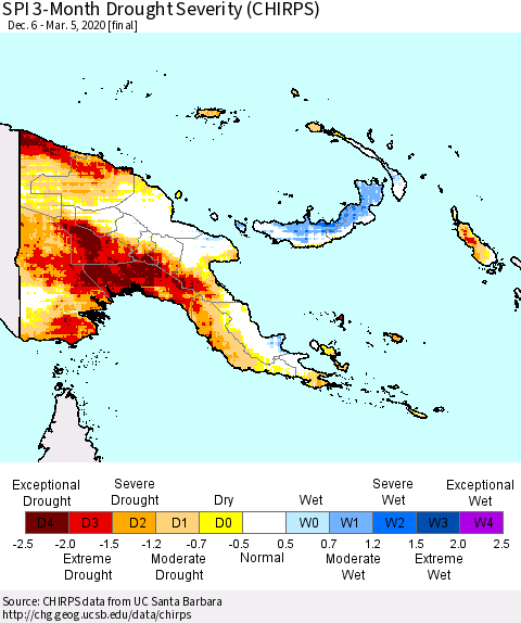 Papua New Guinea SPI 3-Month Drought Severity (CHIRPS) Thematic Map For 12/6/2019 - 3/5/2020