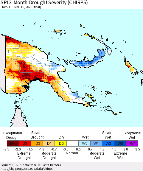 Papua New Guinea SPI 3-Month Drought Severity (CHIRPS) Thematic Map For 12/11/2019 - 3/10/2020