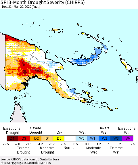 Papua New Guinea SPI 3-Month Drought Severity (CHIRPS) Thematic Map For 12/21/2019 - 3/20/2020