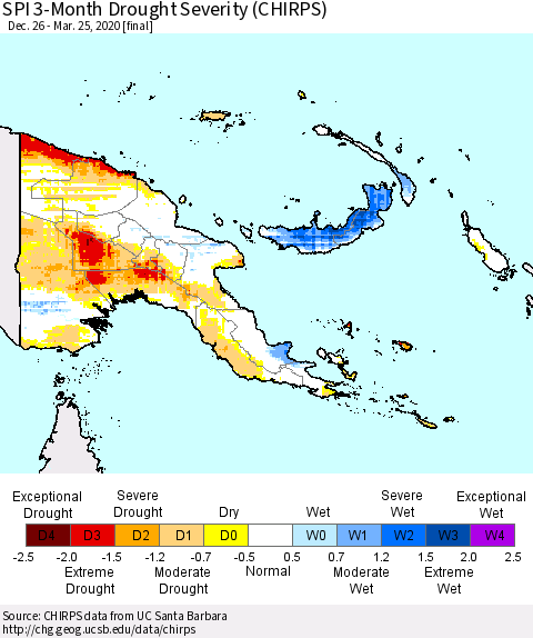 Papua New Guinea SPI 3-Month Drought Severity (CHIRPS) Thematic Map For 12/26/2019 - 3/25/2020