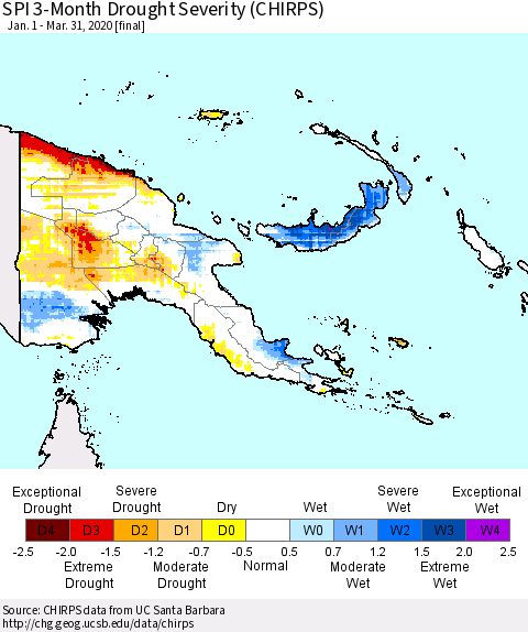 Papua New Guinea SPI 3-Month Drought Severity (CHIRPS) Thematic Map For 1/1/2020 - 3/31/2020