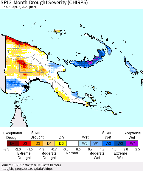 Papua New Guinea SPI 3-Month Drought Severity (CHIRPS) Thematic Map For 1/6/2020 - 4/5/2020