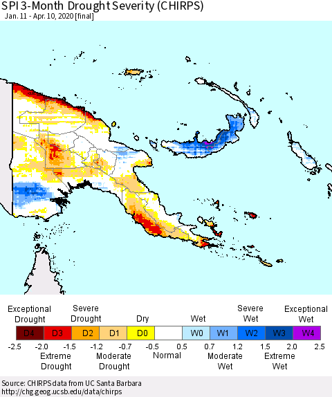 Papua New Guinea SPI 3-Month Drought Severity (CHIRPS) Thematic Map For 1/11/2020 - 4/10/2020