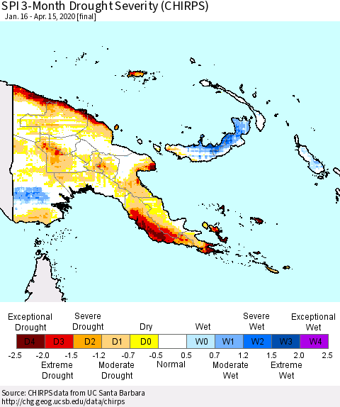 Papua New Guinea SPI 3-Month Drought Severity (CHIRPS) Thematic Map For 1/16/2020 - 4/15/2020