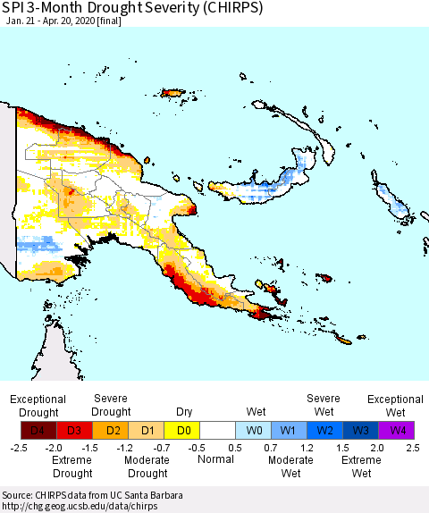 Papua New Guinea SPI 3-Month Drought Severity (CHIRPS) Thematic Map For 1/21/2020 - 4/20/2020