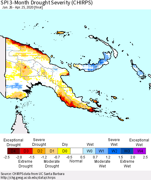 Papua New Guinea SPI 3-Month Drought Severity (CHIRPS) Thematic Map For 1/26/2020 - 4/25/2020