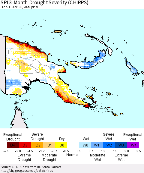 Papua New Guinea SPI 3-Month Drought Severity (CHIRPS) Thematic Map For 2/1/2020 - 4/30/2020
