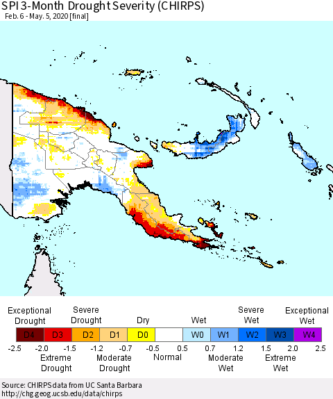 Papua New Guinea SPI 3-Month Drought Severity (CHIRPS) Thematic Map For 2/6/2020 - 5/5/2020