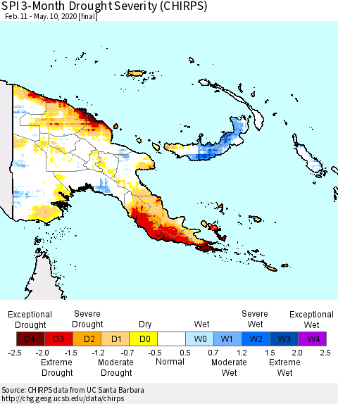 Papua New Guinea SPI 3-Month Drought Severity (CHIRPS) Thematic Map For 2/11/2020 - 5/10/2020
