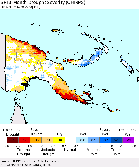 Papua New Guinea SPI 3-Month Drought Severity (CHIRPS) Thematic Map For 2/21/2020 - 5/20/2020