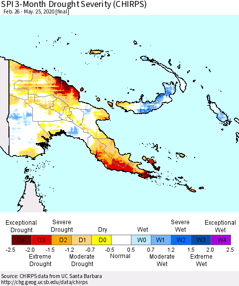 Papua New Guinea SPI 3-Month Drought Severity (CHIRPS) Thematic Map For 2/26/2020 - 5/25/2020