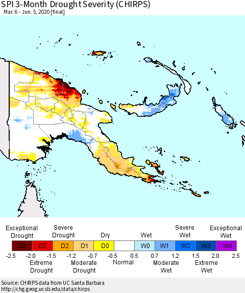 Papua New Guinea SPI 3-Month Drought Severity (CHIRPS) Thematic Map For 3/6/2020 - 6/5/2020