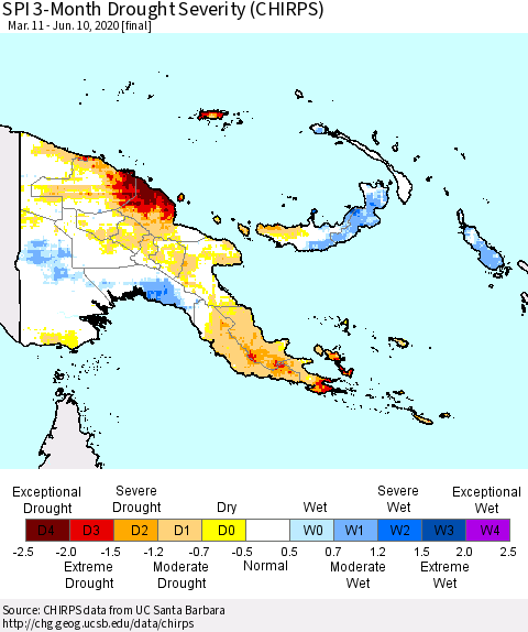 Papua New Guinea SPI 3-Month Drought Severity (CHIRPS) Thematic Map For 3/11/2020 - 6/10/2020
