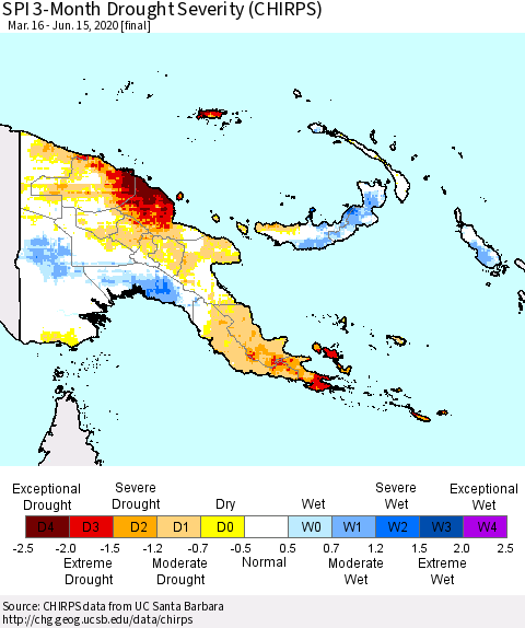 Papua New Guinea SPI 3-Month Drought Severity (CHIRPS) Thematic Map For 3/16/2020 - 6/15/2020