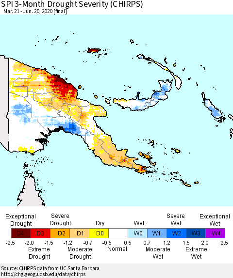 Papua New Guinea SPI 3-Month Drought Severity (CHIRPS) Thematic Map For 3/21/2020 - 6/20/2020