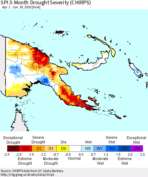 Papua New Guinea SPI 3-Month Drought Severity (CHIRPS) Thematic Map For 4/1/2020 - 6/30/2020