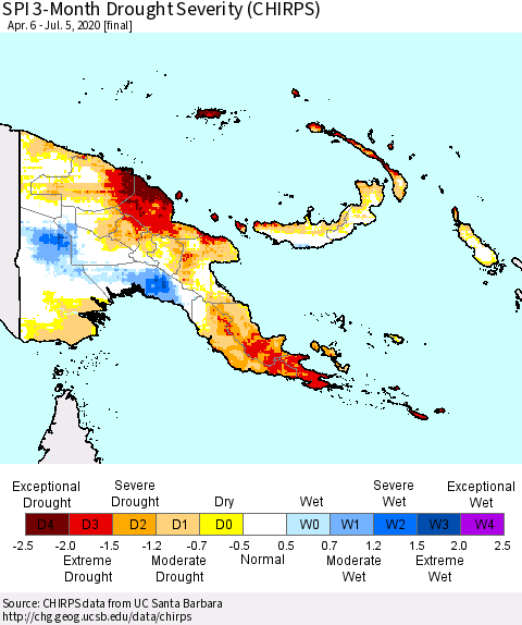 Papua New Guinea SPI 3-Month Drought Severity (CHIRPS) Thematic Map For 4/6/2020 - 7/5/2020