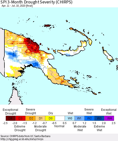 Papua New Guinea SPI 3-Month Drought Severity (CHIRPS) Thematic Map For 4/11/2020 - 7/10/2020