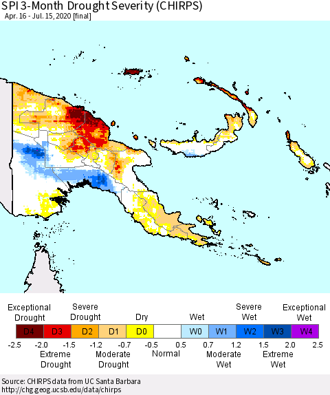 Papua New Guinea SPI 3-Month Drought Severity (CHIRPS) Thematic Map For 4/16/2020 - 7/15/2020