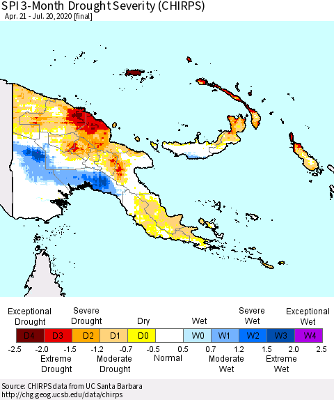 Papua New Guinea SPI 3-Month Drought Severity (CHIRPS) Thematic Map For 4/21/2020 - 7/20/2020