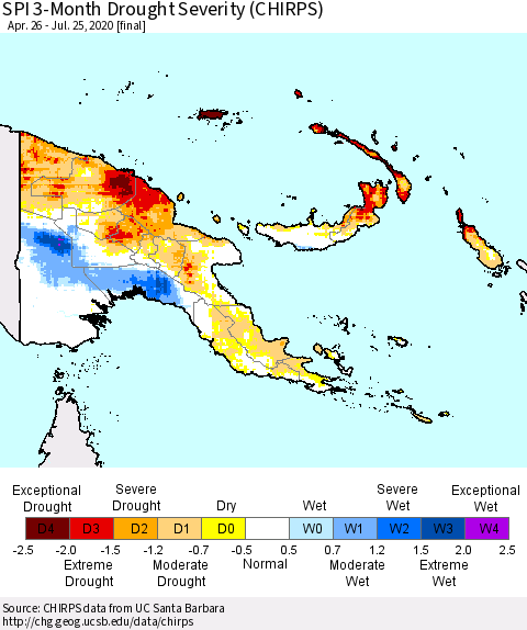 Papua New Guinea SPI 3-Month Drought Severity (CHIRPS) Thematic Map For 4/26/2020 - 7/25/2020