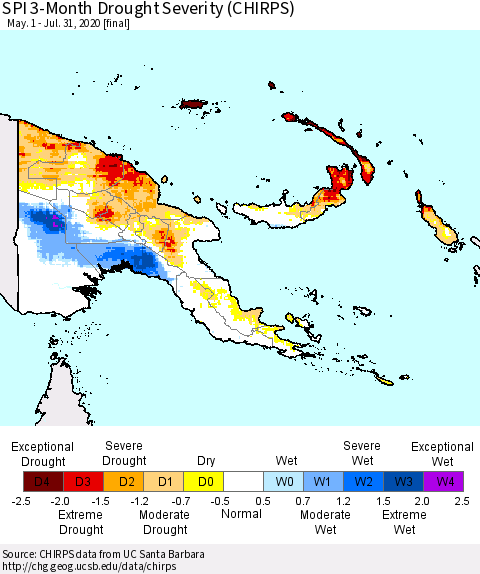 Papua New Guinea SPI 3-Month Drought Severity (CHIRPS) Thematic Map For 5/1/2020 - 7/31/2020