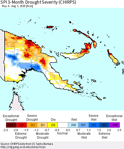 Papua New Guinea SPI 3-Month Drought Severity (CHIRPS) Thematic Map For 5/6/2020 - 8/5/2020