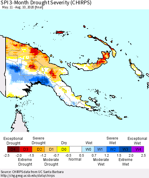 Papua New Guinea SPI 3-Month Drought Severity (CHIRPS) Thematic Map For 5/11/2020 - 8/10/2020