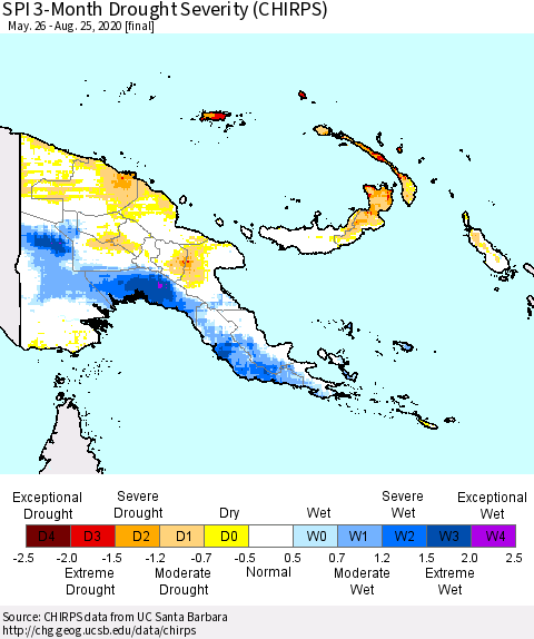 Papua New Guinea SPI 3-Month Drought Severity (CHIRPS) Thematic Map For 5/26/2020 - 8/25/2020