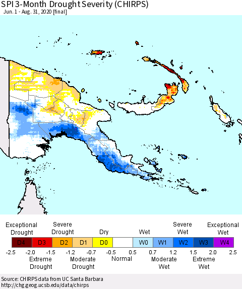Papua New Guinea SPI 3-Month Drought Severity (CHIRPS) Thematic Map For 6/1/2020 - 8/31/2020