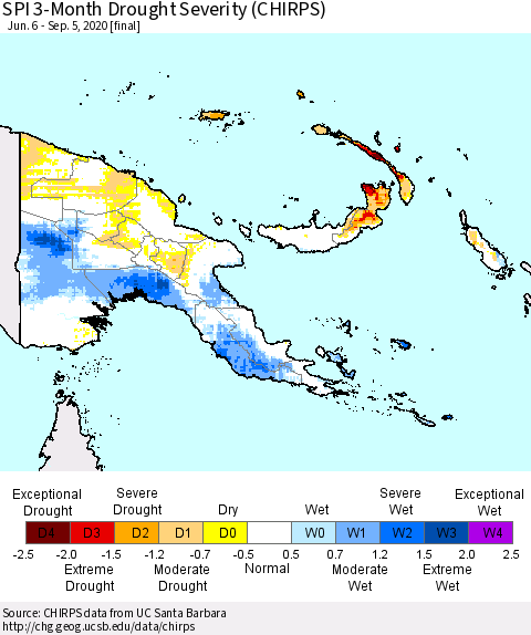 Papua New Guinea SPI 3-Month Drought Severity (CHIRPS) Thematic Map For 6/6/2020 - 9/5/2020