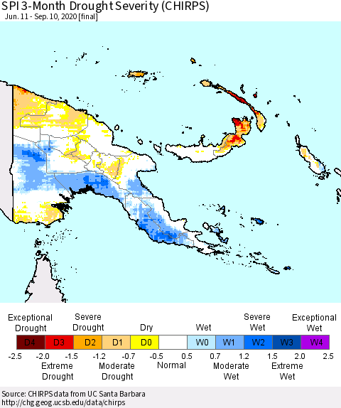 Papua New Guinea SPI 3-Month Drought Severity (CHIRPS) Thematic Map For 6/11/2020 - 9/10/2020