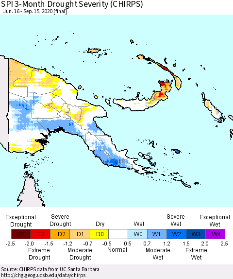 Papua New Guinea SPI 3-Month Drought Severity (CHIRPS) Thematic Map For 6/16/2020 - 9/15/2020