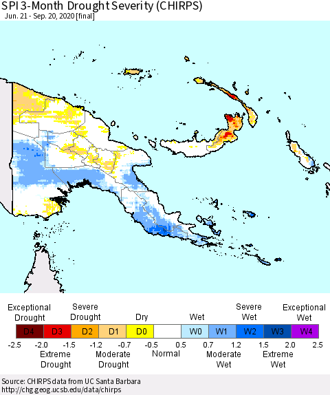 Papua New Guinea SPI 3-Month Drought Severity (CHIRPS) Thematic Map For 6/21/2020 - 9/20/2020