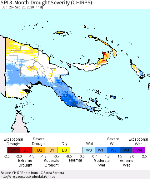 Papua New Guinea SPI 3-Month Drought Severity (CHIRPS) Thematic Map For 6/26/2020 - 9/25/2020
