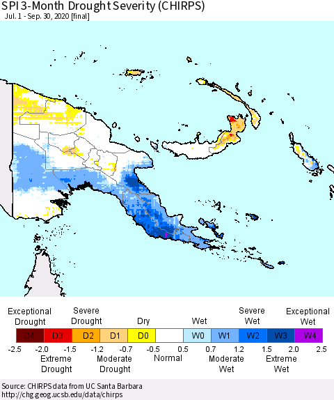 Papua New Guinea SPI 3-Month Drought Severity (CHIRPS) Thematic Map For 7/1/2020 - 9/30/2020