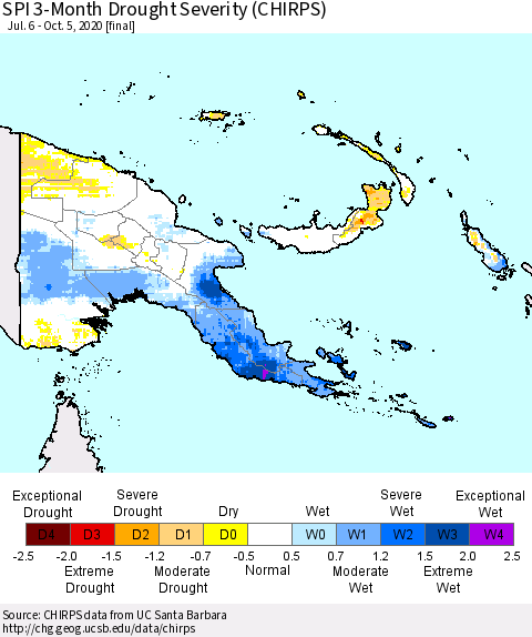 Papua New Guinea SPI 3-Month Drought Severity (CHIRPS) Thematic Map For 7/6/2020 - 10/5/2020