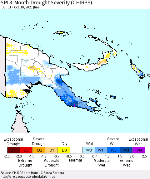 Papua New Guinea SPI 3-Month Drought Severity (CHIRPS) Thematic Map For 7/11/2020 - 10/10/2020