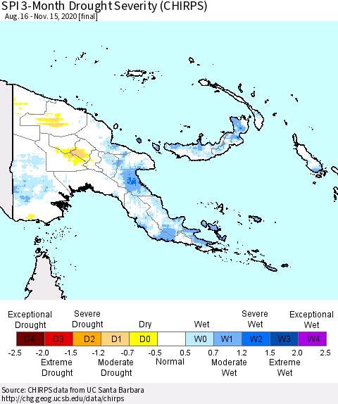Papua New Guinea SPI 3-Month Drought Severity (CHIRPS) Thematic Map For 8/16/2020 - 11/15/2020