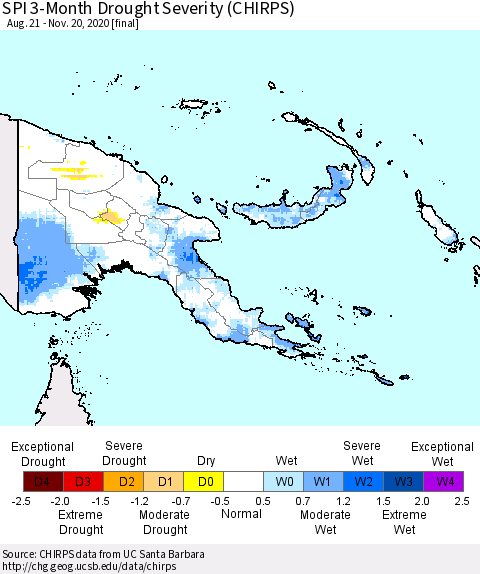 Papua New Guinea SPI 3-Month Drought Severity (CHIRPS) Thematic Map For 8/21/2020 - 11/20/2020